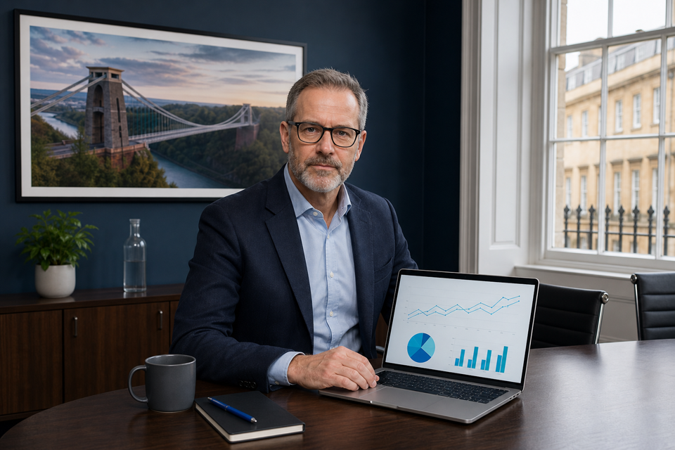 Named Head of IT at a boardroom table with a laptop dashboard, Clifton Suspension Bridge on the wall behind
