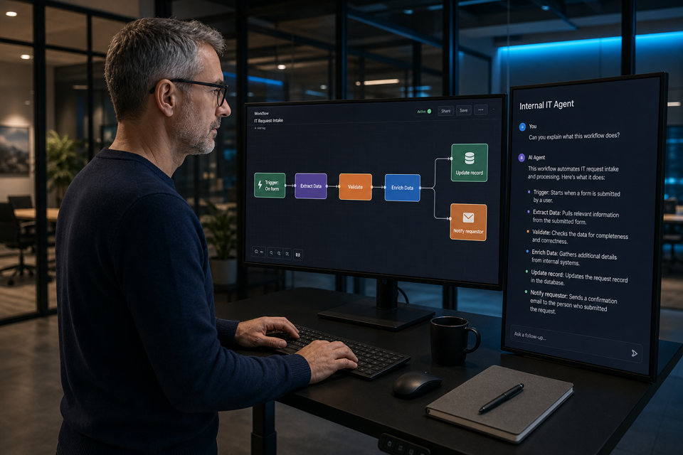Operator at a standing desk with a workflow builder and an internal IT agent chat