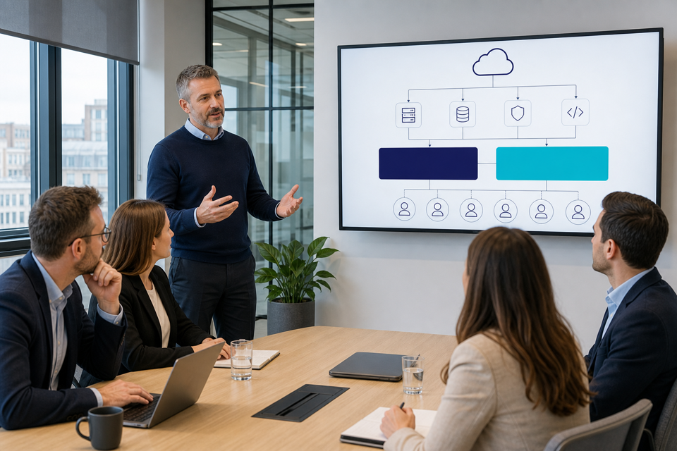 Head of IT presenting an architecture diagram to a leadership team