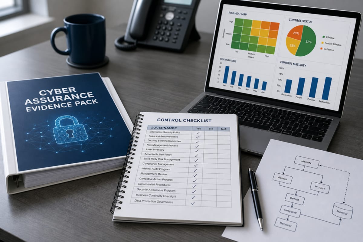 Cyber Assurance Evidence Pack binder, control checklist and risk dashboard on a desk
