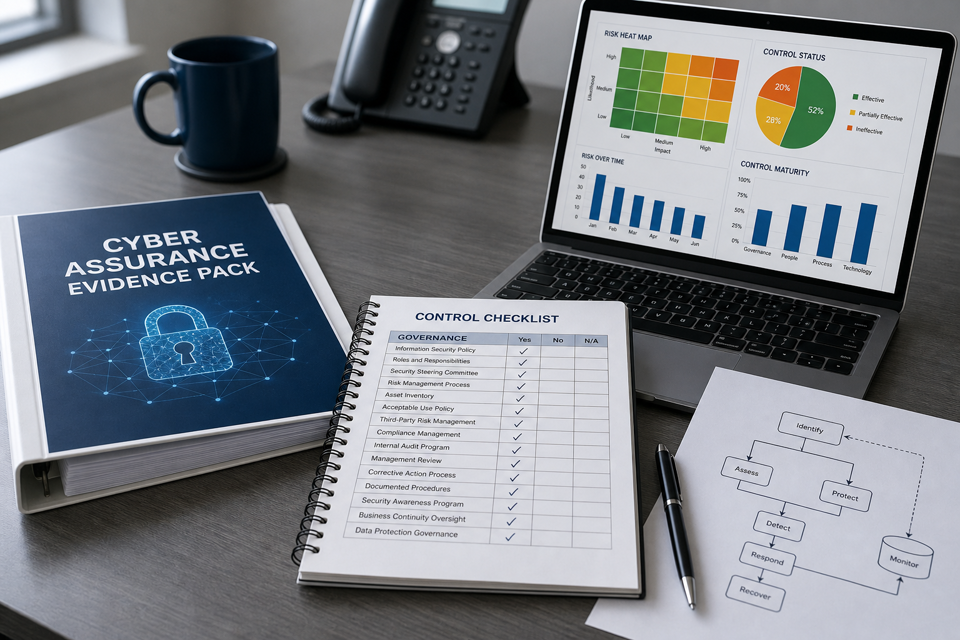 Cyber Assurance Evidence Pack binder, control checklist and risk dashboard on a desk